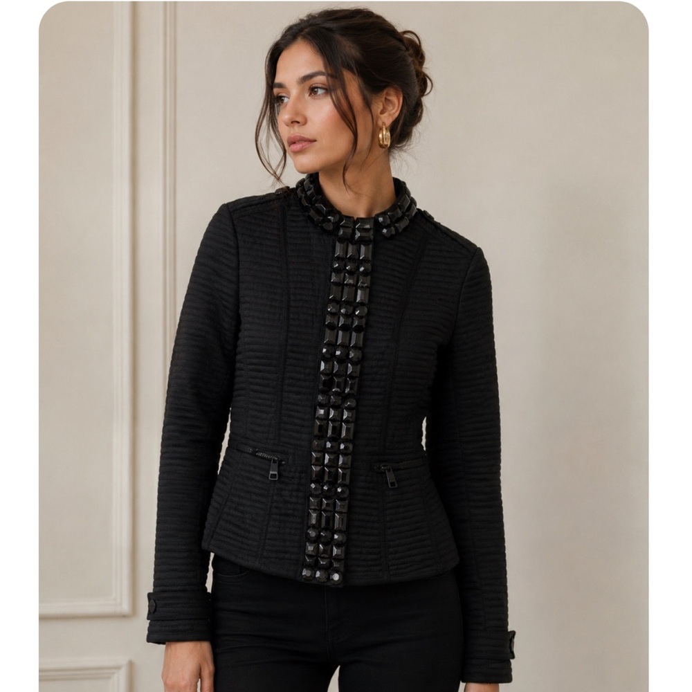 Burberry London Black Quilted Jacket with Jeweled Trim size 0/2 XS